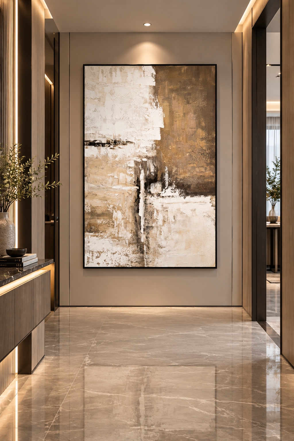 Modern brown, taupe, beige and ivory abstract canvas artwork in portrait format
