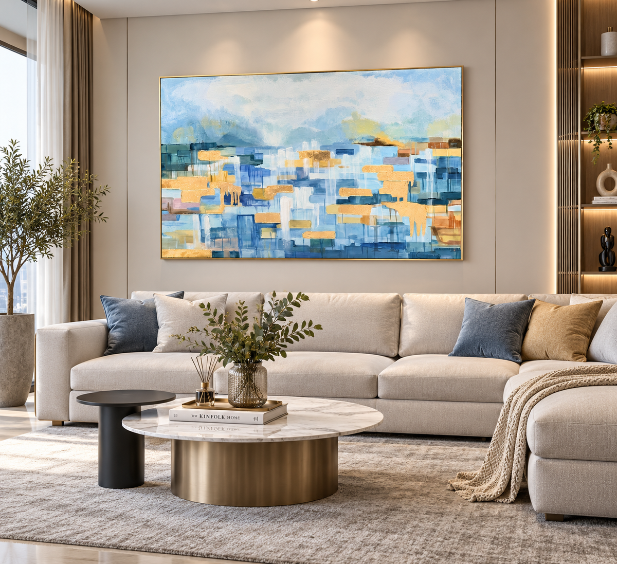 A large abstract canvas painting with blue, yellow, and white geometric blocks hangs on a beige wall above a modern light beige sectional sofa in a styled living room.