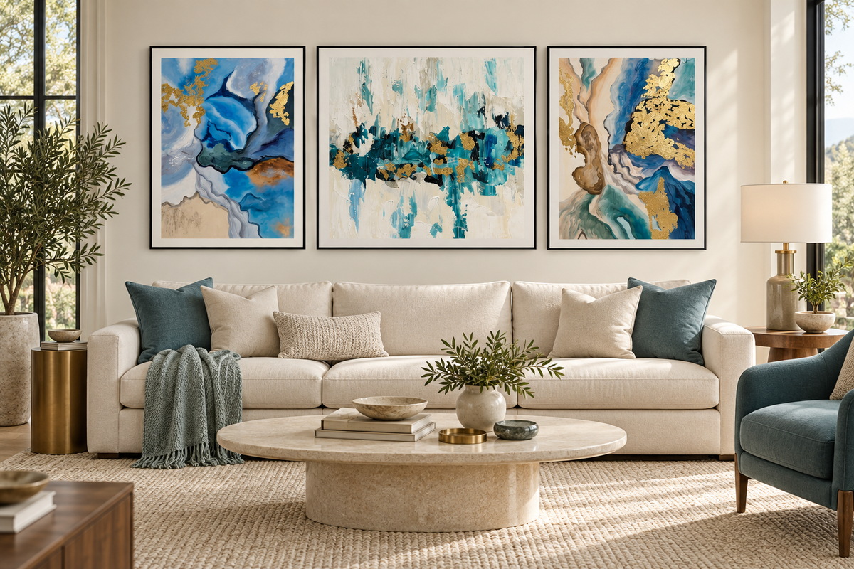 Abstract Marble Gold Triptych – Modern 3-Piece Canvas Wall Art Set