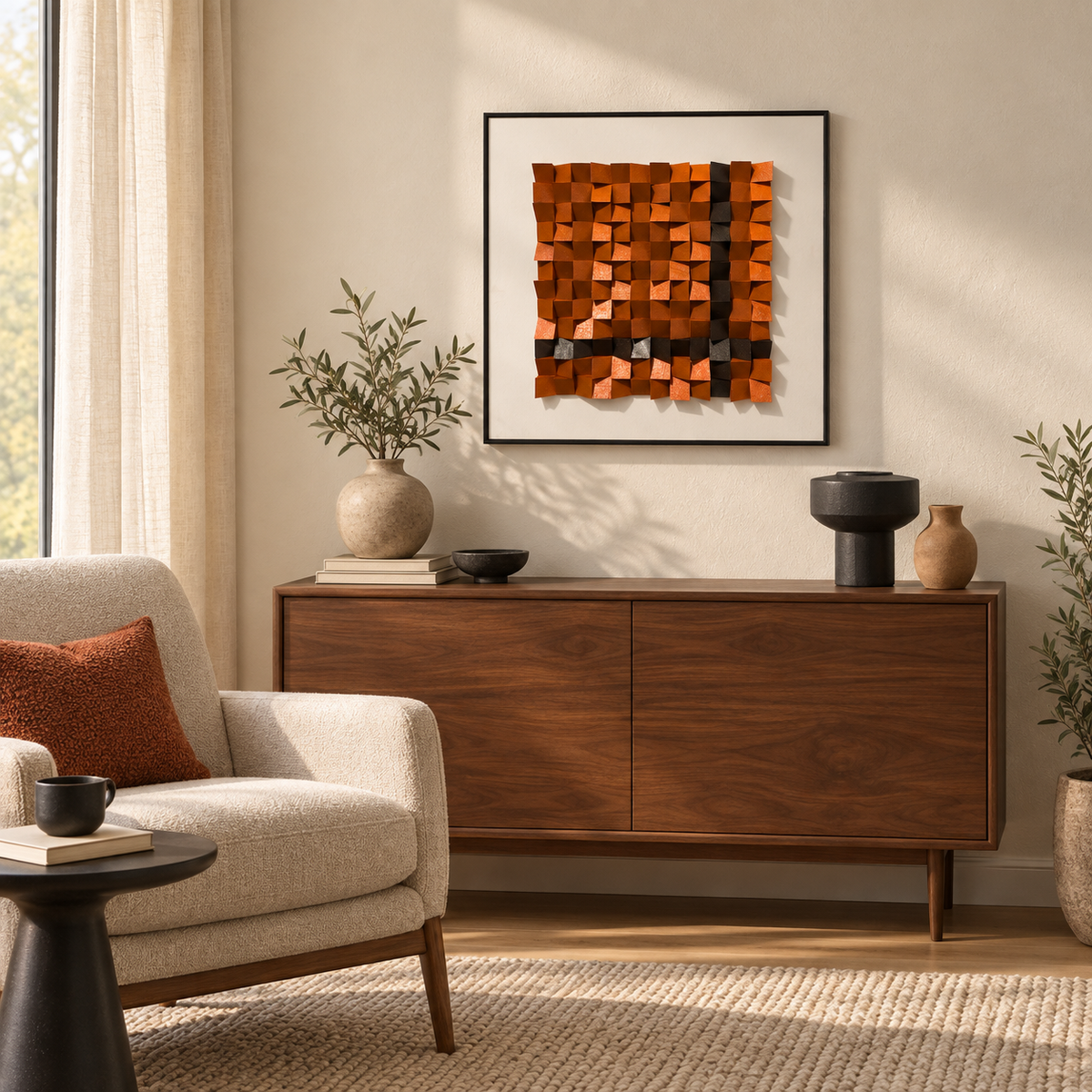 Terracotta Matrix – 3D Geometric Wood Block Wall Art