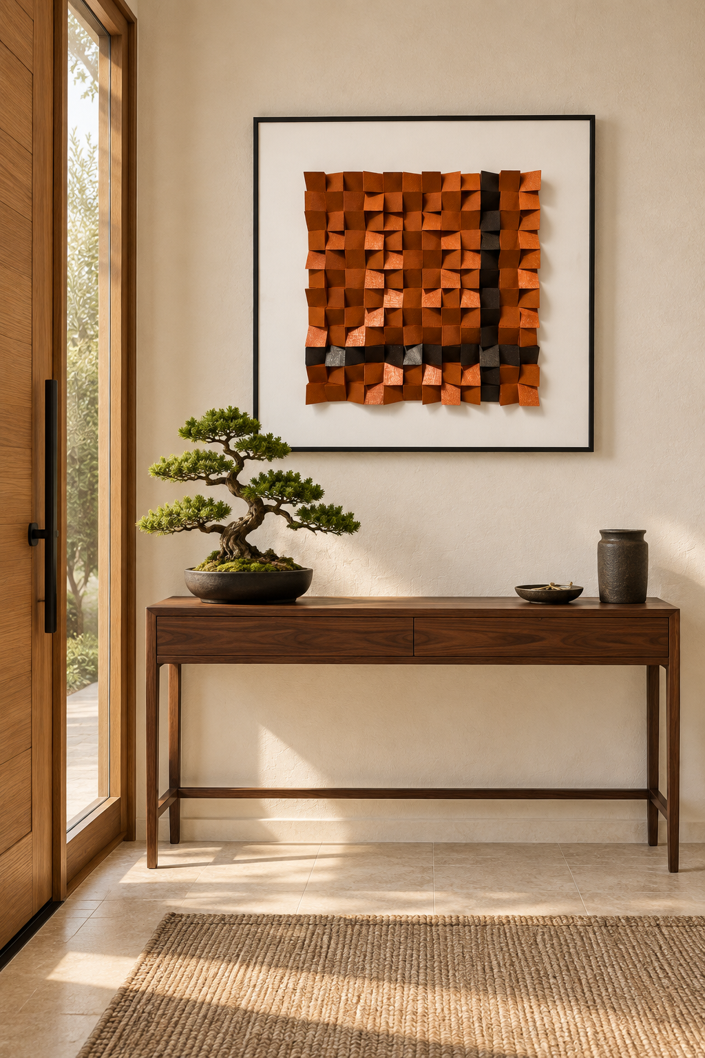 Terracotta Matrix – 3D Geometric Wood Block Wall Art