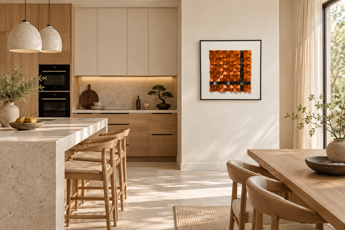 Terracotta Matrix – 3D Geometric Wood Block Wall Art