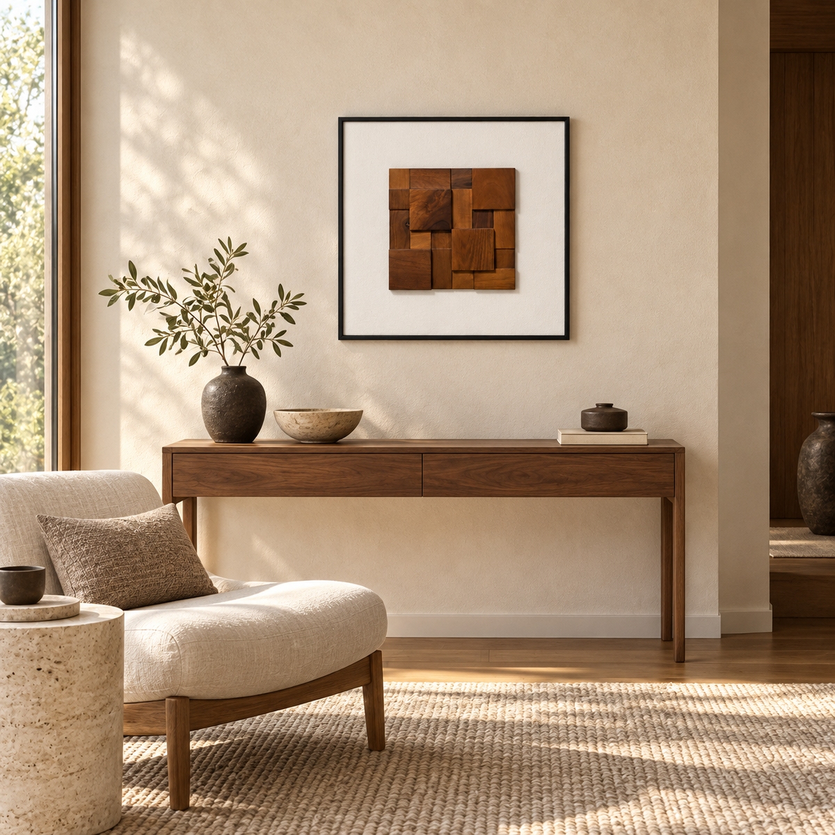 Walnut Harmony – 3D Geometric Wood Block Wall Art
