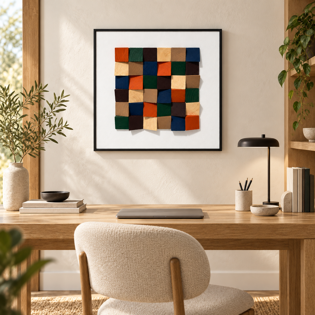 Chromatic Mosaic – 3D Geometric Wooden Block Wall Art