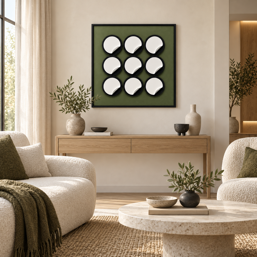 A framed wall art print featuring a 3x3 grid of white circular shapes with black shadows on an olive green background, displayed in a modern living room setting above a wooden console table.