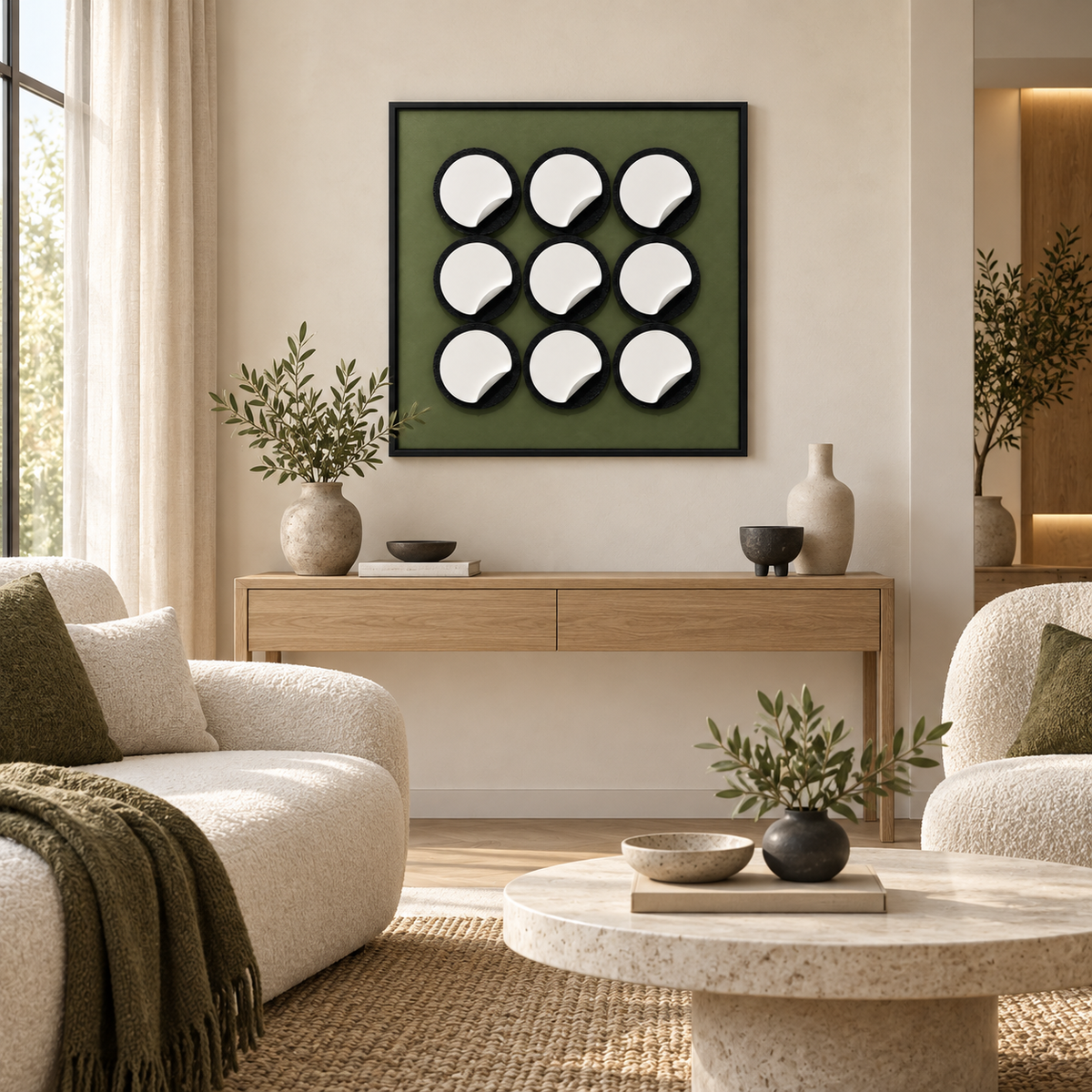 A framed wall art print featuring a 3x3 grid of white circular shapes with black shadows on an olive green background, displayed in a modern living room setting above a wooden console table.