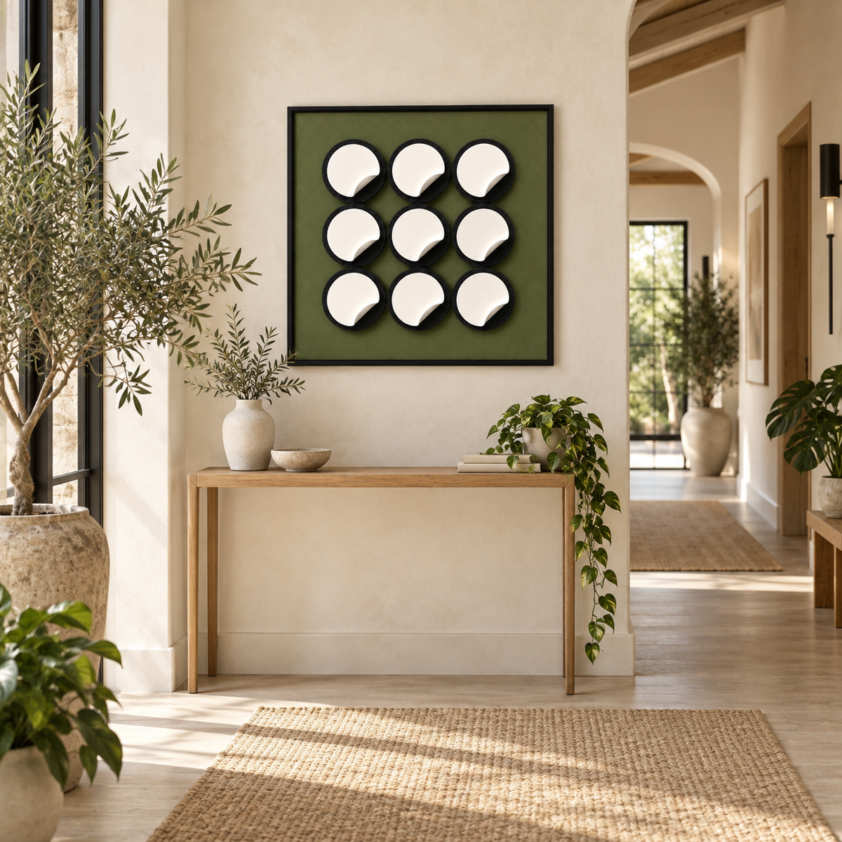 A framed wall art piece with a dark olive green background and nine white circular cutouts arranged in a 3x3 grid, displayed above a light wood console table in a warm, modern interior hallway.