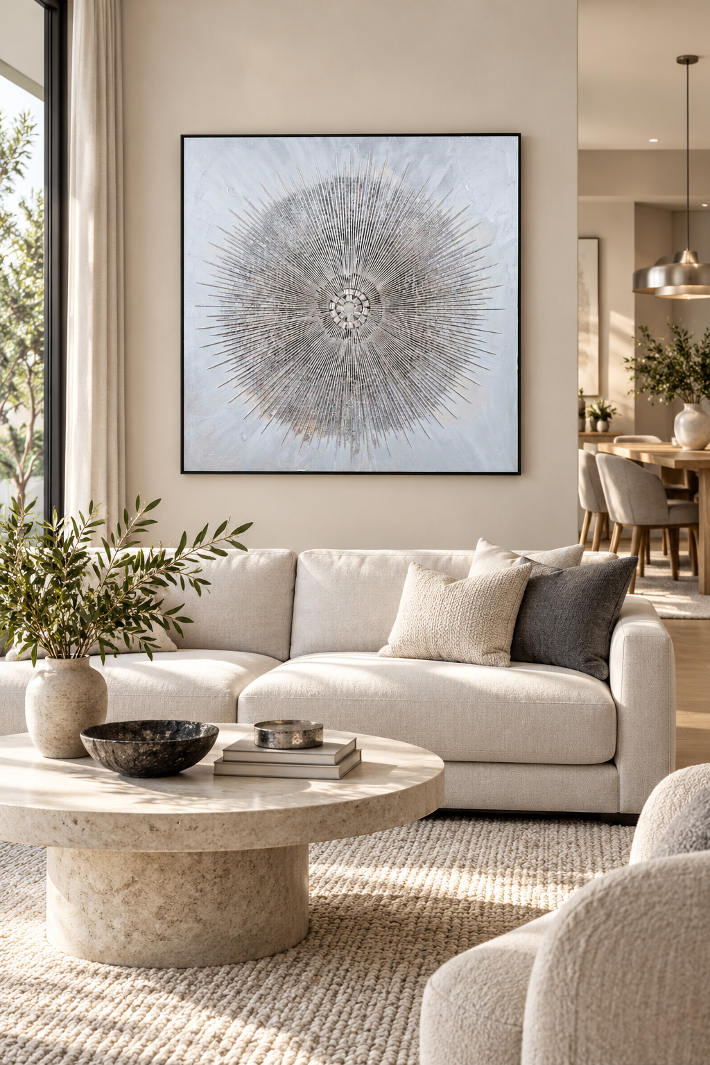 Silver Radiance – 3D Textured Geometric Wall Art