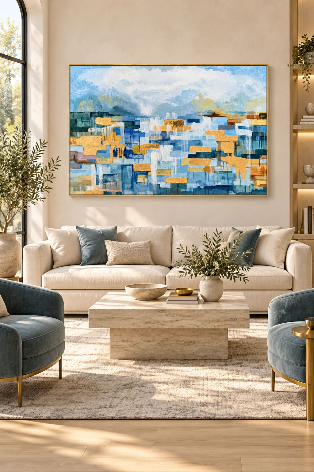 Blue Horizon Gold – Textured Abstract Canvas Wall Art