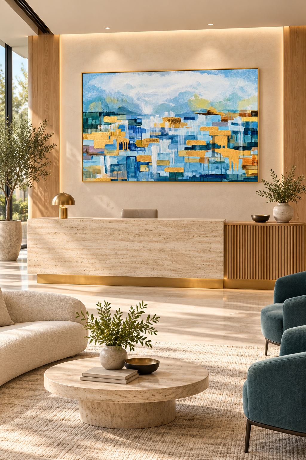 Blue Horizon Gold – Textured Abstract Canvas Wall Art