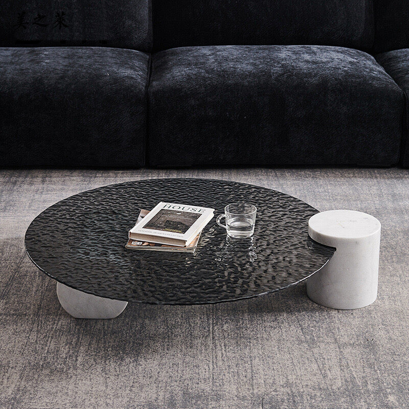 Evelyn Modern Water Ripple Corrugated Glass Round Coffee Table With Marble Base