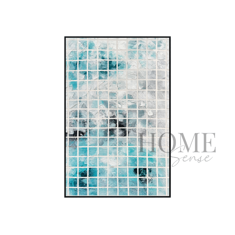 Aqua Mosaic 3D textured geometric canvas wall art 80x120cm with black PP frame