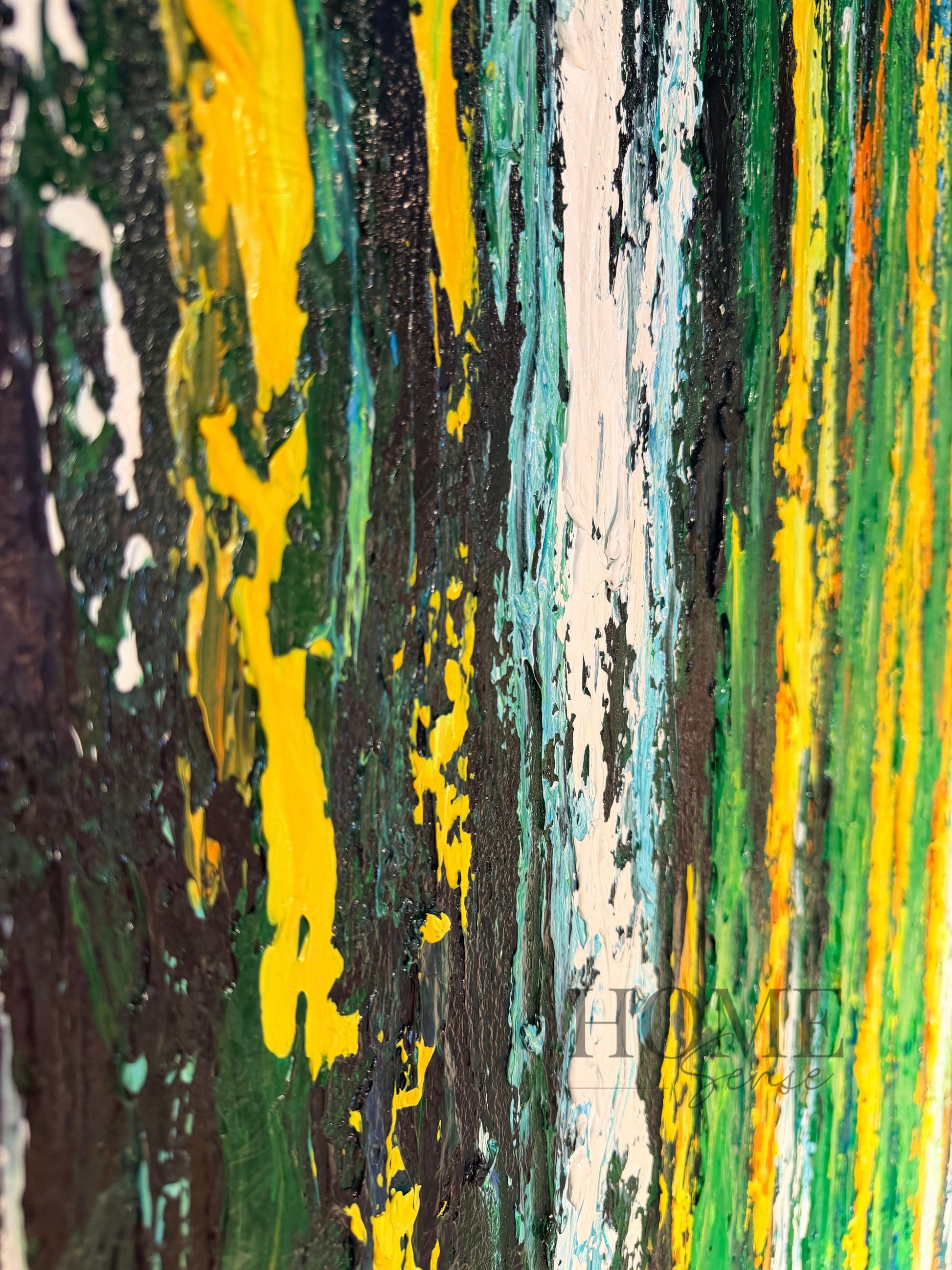 Close-up of textured emerald, yellow, white and turquoise acrylic strokes on Emerald Rain wall art