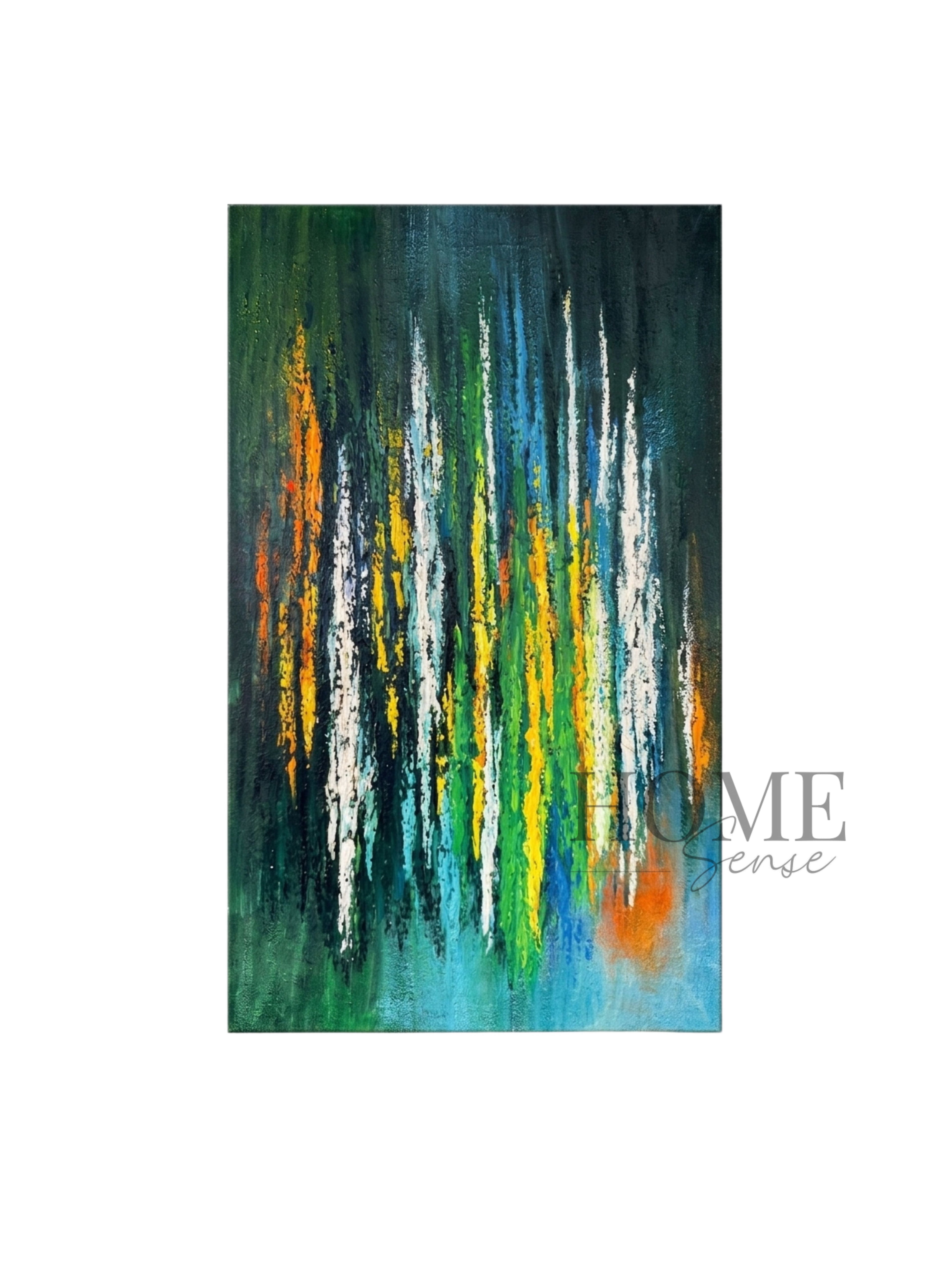 Emerald Rain large green and turquoise abstract canvas wall art in a black PP frame, 120x200cm
