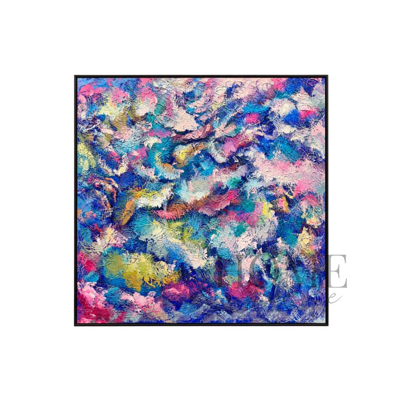 Garden of Unwritten Dreams square hand-painted abstract oil painting featuring expressive multicoloured layers in a black aluminium frame, 100x100cm