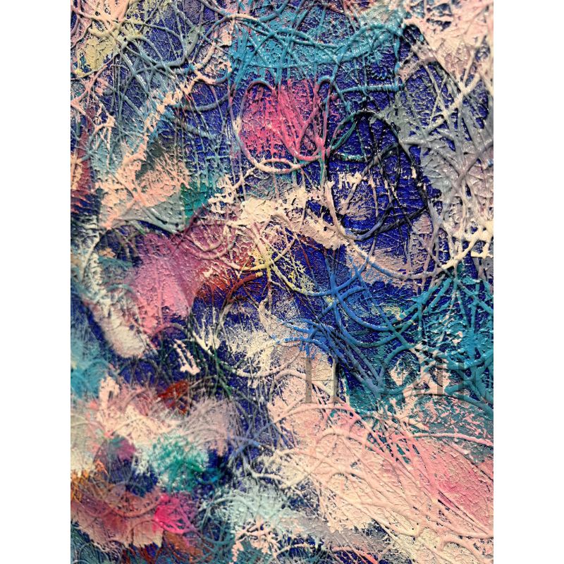 Close-up of Garden of Unwritten Dreams hand-painted abstract oil painting showing raised lines and layered textures in cobalt blue, turquoise, pink, violet and ivory