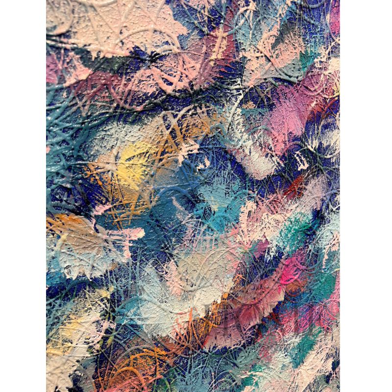 Close-up of Garden of Unwritten Dreams hand-painted abstract oil painting showing raised lines and layered textures in cobalt blue, turquoise, pink, violet and ivory