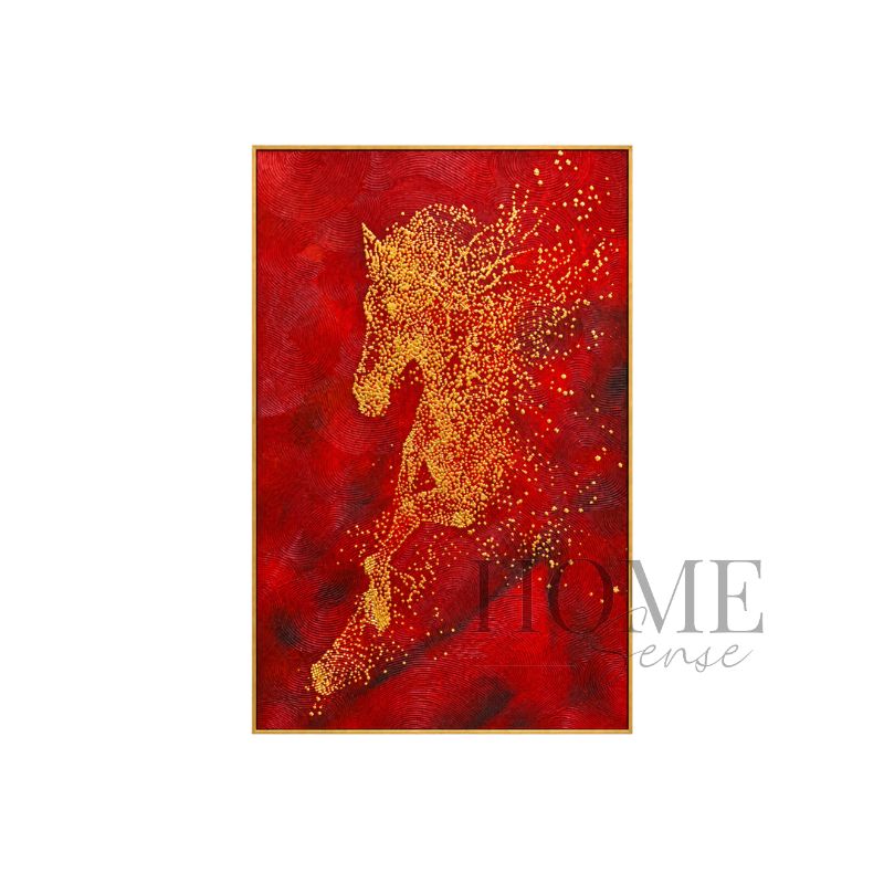The Prosperous Steed portrait hand-painted textured horse oil painting in crimson red and gold with a gold aluminium frame, 80x120cm