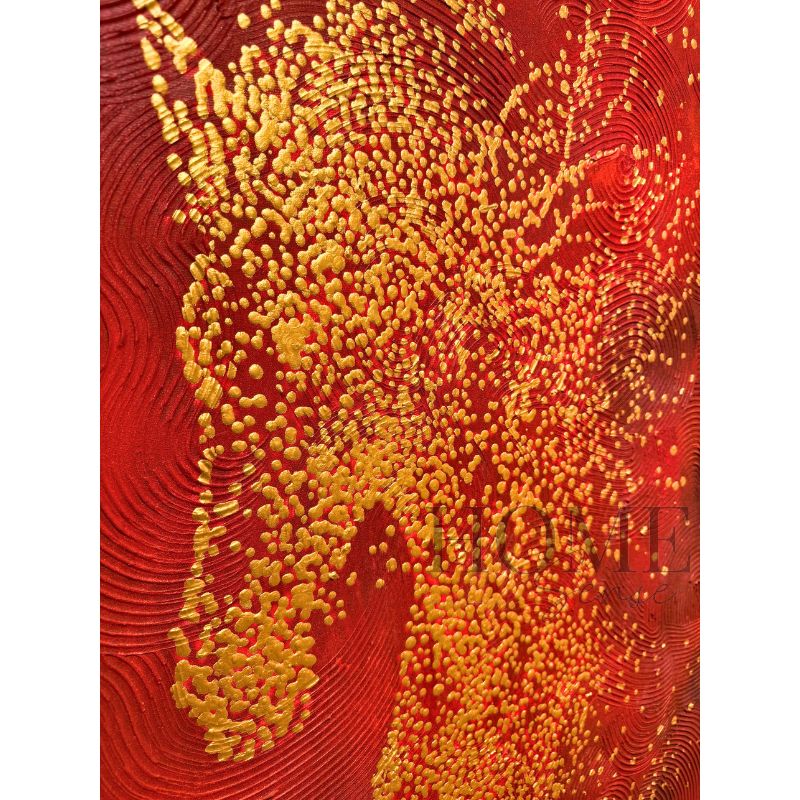 Close-up of The Prosperous Steed hand-painted oil painting showing raised gold-toned details and sculpted circular textures over a crimson-red background