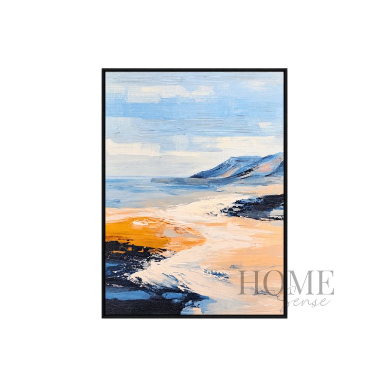 Coastal Daybreak portrait fine art print featuring calm blue water, distant mountains and a warm ochre shoreline in a black aluminium frame, 70x90cm