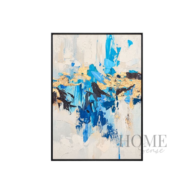 Sky in Motion portrait abstract fine art print with cerulean, turquoise, navy and sand-coloured forms in a black aluminium frame, 70x90cm