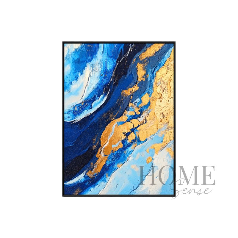 Currents of Gold portrait abstract fine art print featuring flowing cobalt blue, navy and warm gold-toned forms in a black aluminium frame, 70x90cm