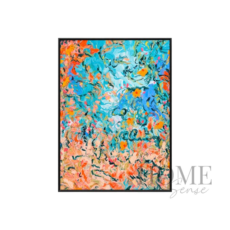 Blooming Tide portrait abstract floral fine art print featuring coral and orange blossoms among turquoise and aqua-blue forms in a black aluminium frame, 70x90cm