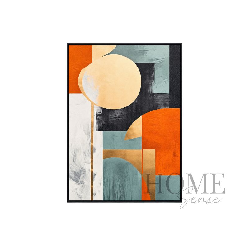 Modernist Dawn portrait geometric fine art print featuring golden circles, burnt orange blocks, sage green forms and charcoal details in a black aluminium frame, 70x90cm