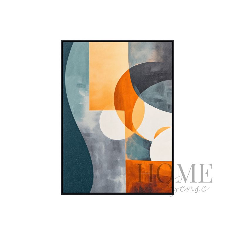 Modern Balance portrait geometric fine art print featuring burnt orange and amber curves with sage green, charcoal and ivory forms in a black aluminium frame, 70x90cm