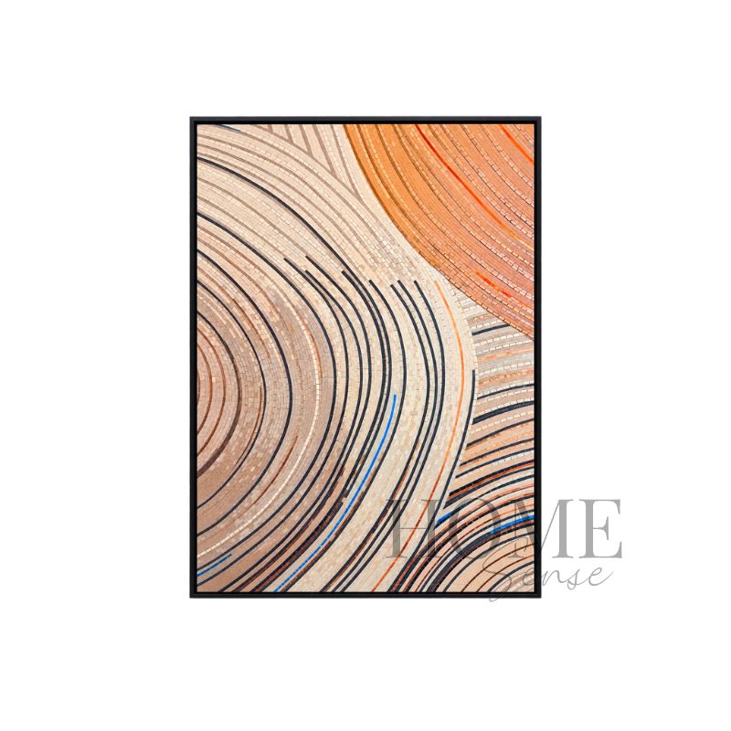 Arcs of Time portrait geometric fine art print featuring layered ivory, beige and terracotta arcs with charcoal and blue lines in a black aluminium frame, 70 × 90 cm.