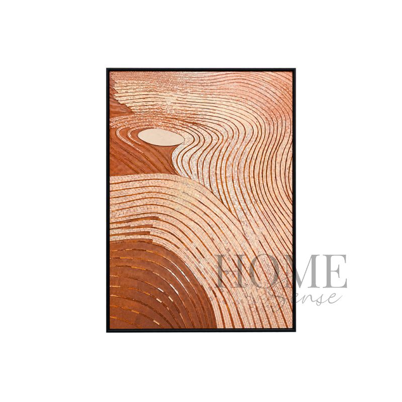 Rhythms in Terracotta portrait geometric fine art print featuring flowing terracotta, rust brown, peach and ivory contours with mosaic-inspired details in a black aluminium frame, 70x90cm
