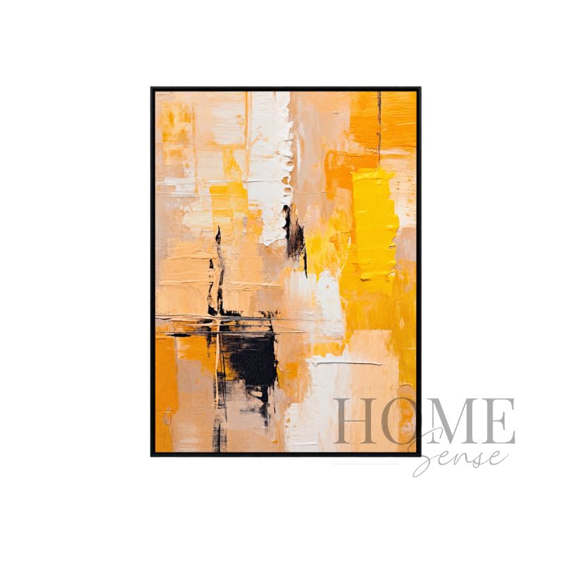 Fragments of Sunshine portrait abstract fine art print featuring golden yellow, amber, peach, cream and black painterly forms in a black aluminium frame, 70x90cm
