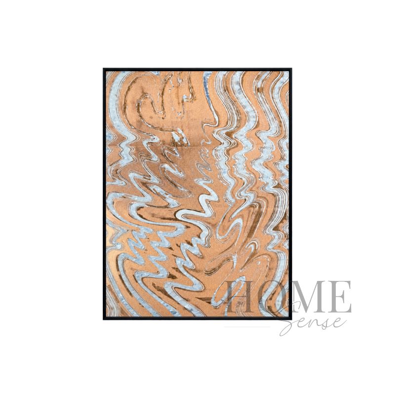 Molten Rhythm portrait fluid abstract fine art print featuring silver-toned flowing lines across a copper, bronze and warm brown background in a black aluminium frame, 70x90cm