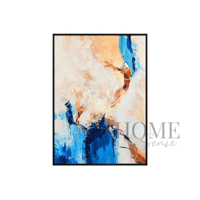 Blue Through Silence portrait abstract fine art print featuring expressive deep blue, sky blue, ivory, peach and terracotta forms in a black aluminium frame, 70x90cm