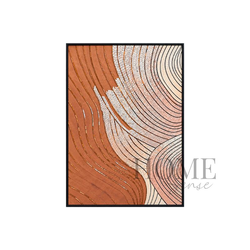 Earthen Orbit portrait geometric fine art print featuring flowing clay brown, terracotta, ivory and blush circular forms in a black aluminium frame, 70x90cm