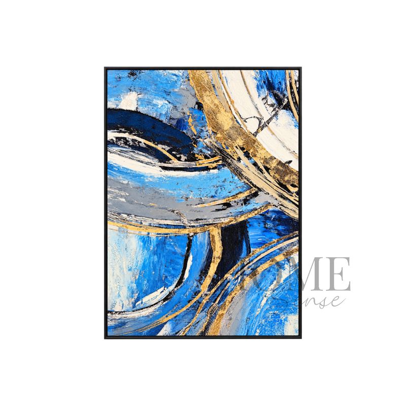 Azure Velocity portrait abstract fine art print featuring sweeping cobalt, navy, sky blue, ivory and gold-effect forms in a black aluminium frame, 70x90cm