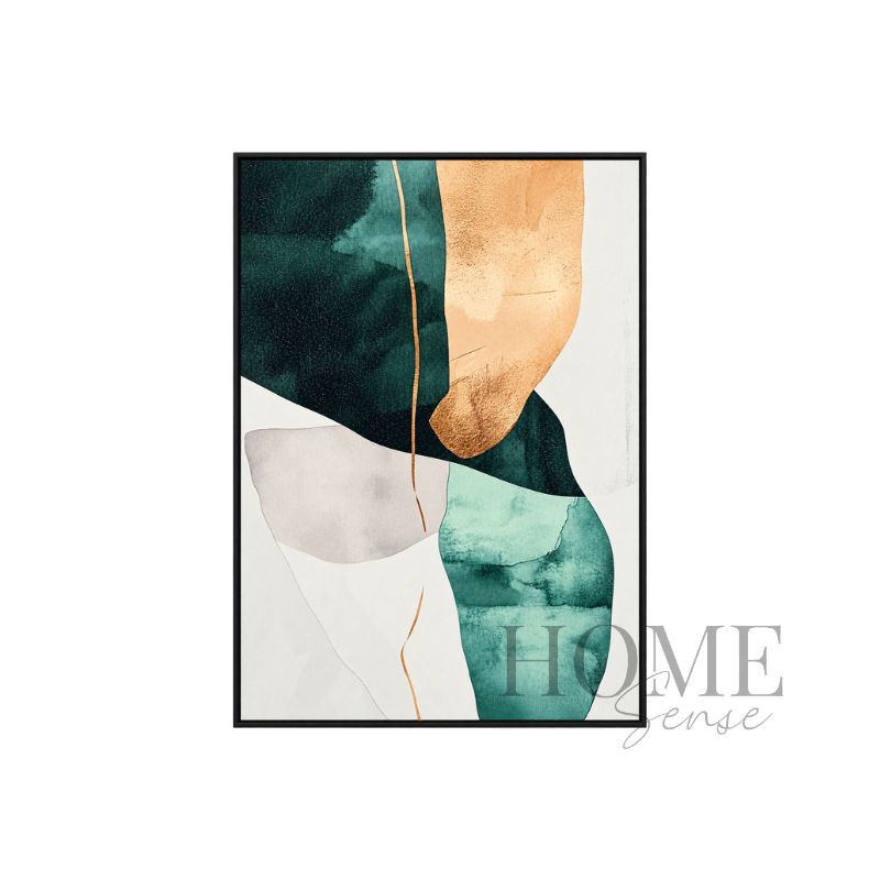 Verdant Equilibrium portrait organic abstract fine art print featuring forest green, teal, mint, ivory and copper-effect curved forms in a black aluminium frame, 70x90cm