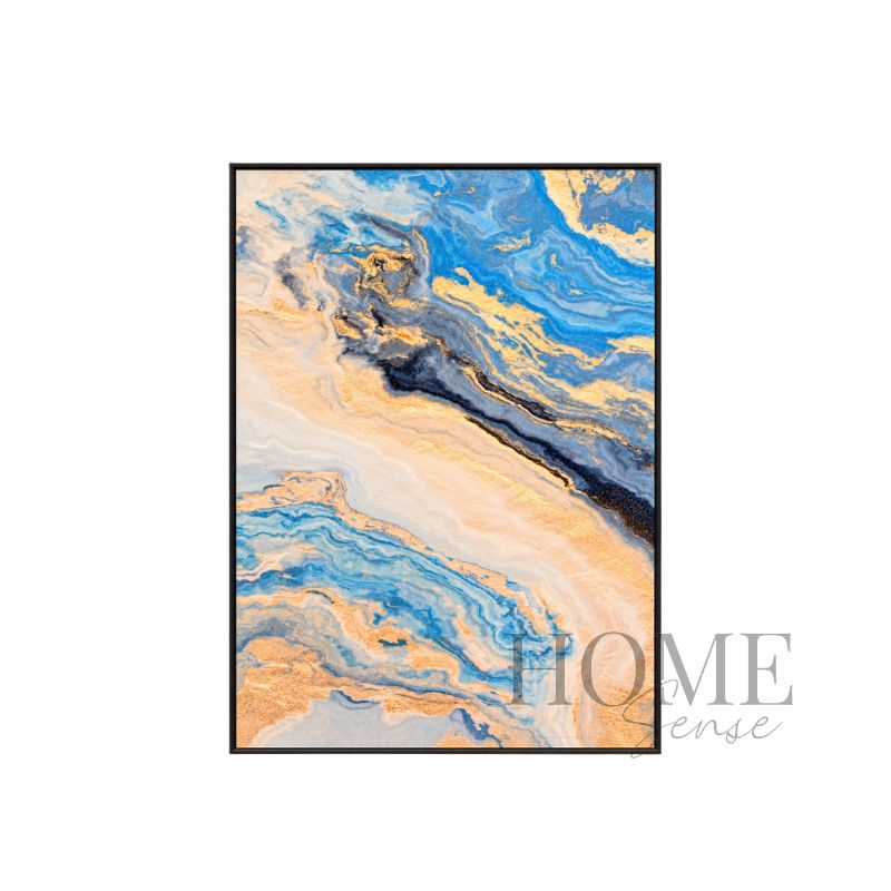 Tides of Daylight portrait fluid abstract fine art print featuring flowing sky blue, aqua, navy, ivory, peach and gold-effect marbled forms in a black aluminium frame, 70x90cm