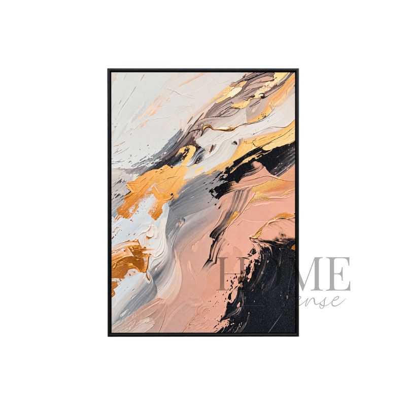 Blush Tempest portrait abstract fine art print featuring sweeping blush pink, warm beige, charcoal, grey, ivory and gold-effect forms in a black aluminium frame, 70x90cm
