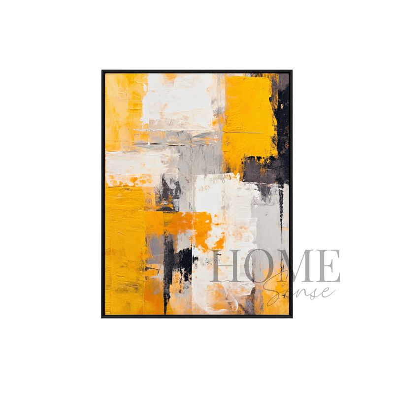 Solar Cadence portrait abstract fine art print featuring layered golden yellow, mustard, ivory, grey and charcoal geometric forms in a black aluminium frame, 70x90cm