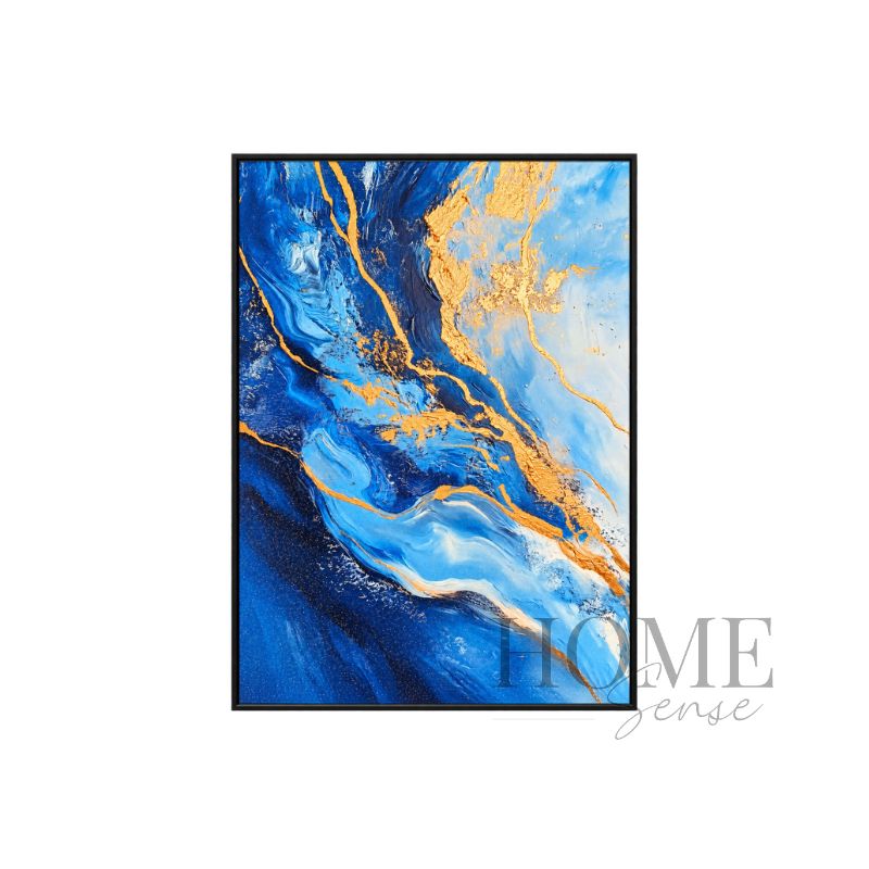 Oceanic Alchemy portrait fluid abstract fine art print featuring flowing cobalt blue, navy, sky blue, ivory and gold-effect forms in a black aluminium frame, 70x90cm