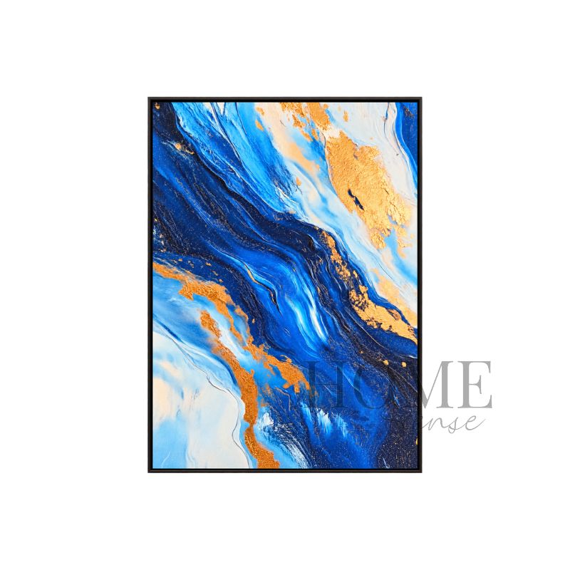 The Blue Meridian portrait fluid abstract fine art print featuring flowing navy, cobalt blue, vivid blue, pale aqua, ivory and gold-effect forms in a black aluminium frame, 70x90cm