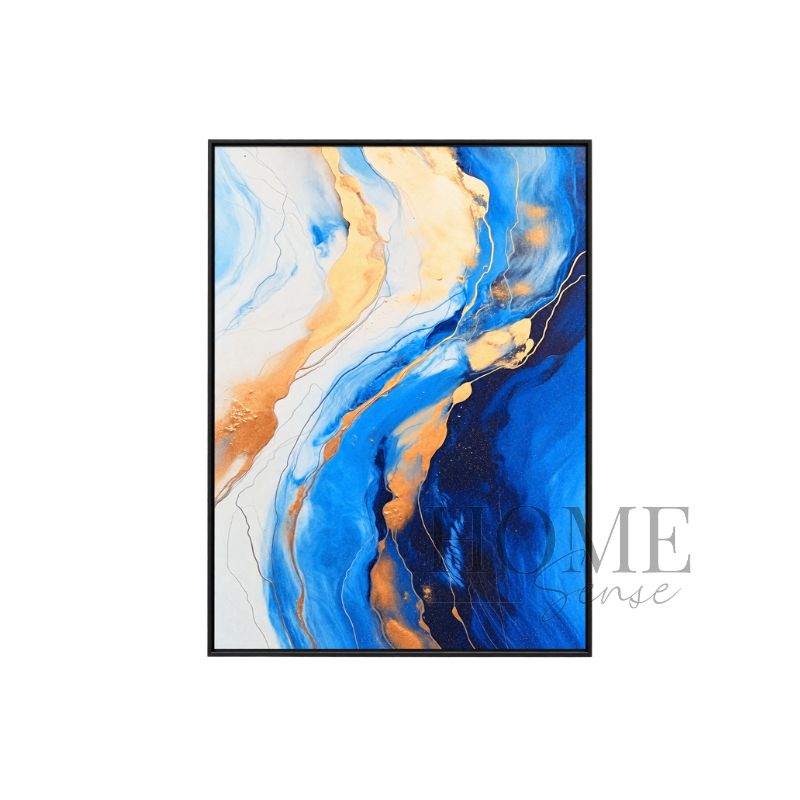Where Light Meets Blue portrait fluid abstract fine art print featuring flowing navy, vivid blue, pale aqua, ivory, peach and gold-effect forms in a black aluminium frame, 70x90cm