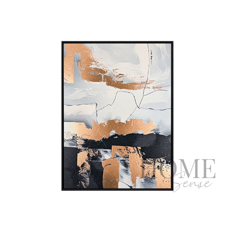 Modern Relic portrait contemporary fine art print featuring layered ivory, soft grey, charcoal, black and copper-effect architectural forms in a black aluminium frame, 70x90cm