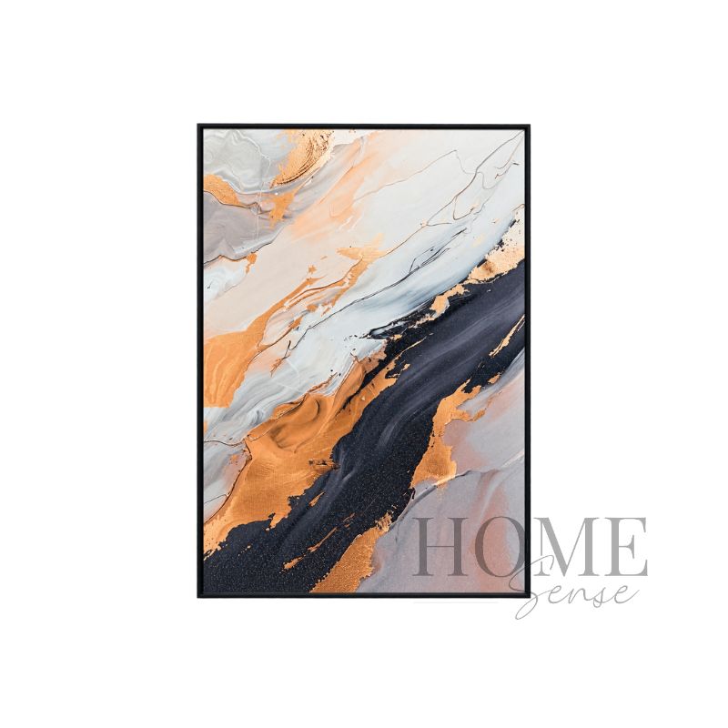 Copper Through Stone portrait fluid abstract fine art print featuring sweeping charcoal, black, ivory, stone grey, blush and copper-effect forms in a black aluminium frame, 70x90cm