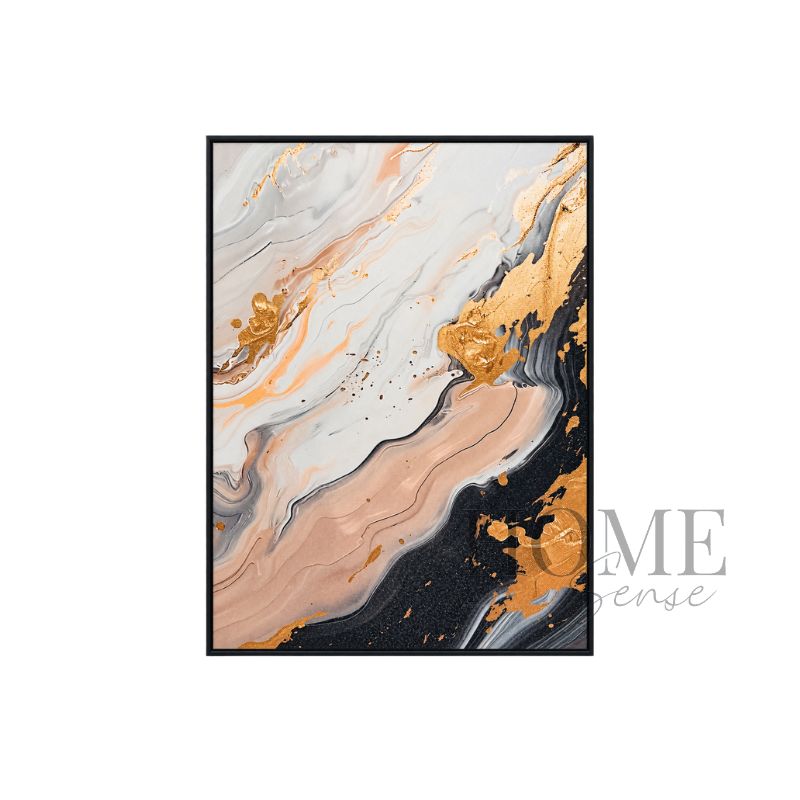 Satin Eclipse portrait fluid abstract fine art print featuring flowing ivory, cream, blush, taupe, charcoal-black and gold-effect forms in a black aluminium frame, 70x90cm