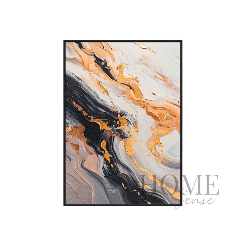 Veins of Radiance portrait fluid abstract fine art print featuring flowing ivory, peach, taupe, charcoal-black and gold-effect marbled forms in a black aluminium frame, 70x90cm
