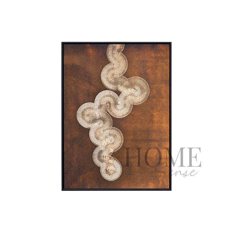 Bronze Continuum portrait geometric fine art print featuring connected cream and light-gold concentric line forms across a bronze-brown background, presented in a black aluminium frame, 70 × 90 cm.