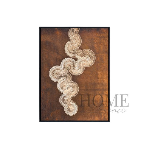 Bronze Continuum portrait geometric fine art print featuring connected cream and light-gold concentric line forms across a bronze-brown background, presented in a black aluminium frame, 70 × 90 cm.