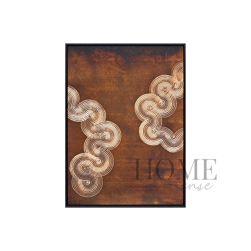 Bronze Confluence portrait geometric fine art print featuring two flowing formations of concentric cream and light-gold lines across a bronze-brown background in a black aluminium frame, 70x90cm